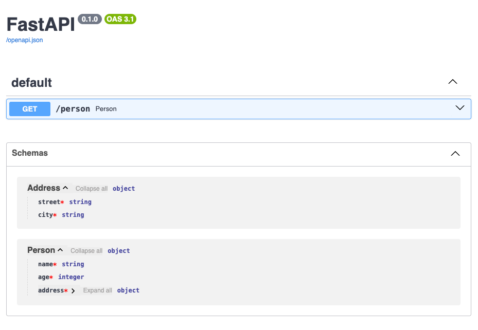 Showing FastAPI generated docs after using the endpoint Screenshot of FastAPI docs