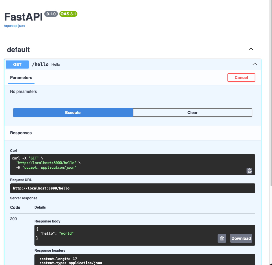 Showing FastAPI generated docs after using the endpoint Screenshot of FastAPI docs