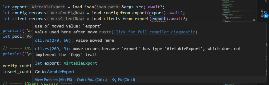 Showing how a Rust ownership issue shows up in VSCode Screenshot of an ownership issue in Rust